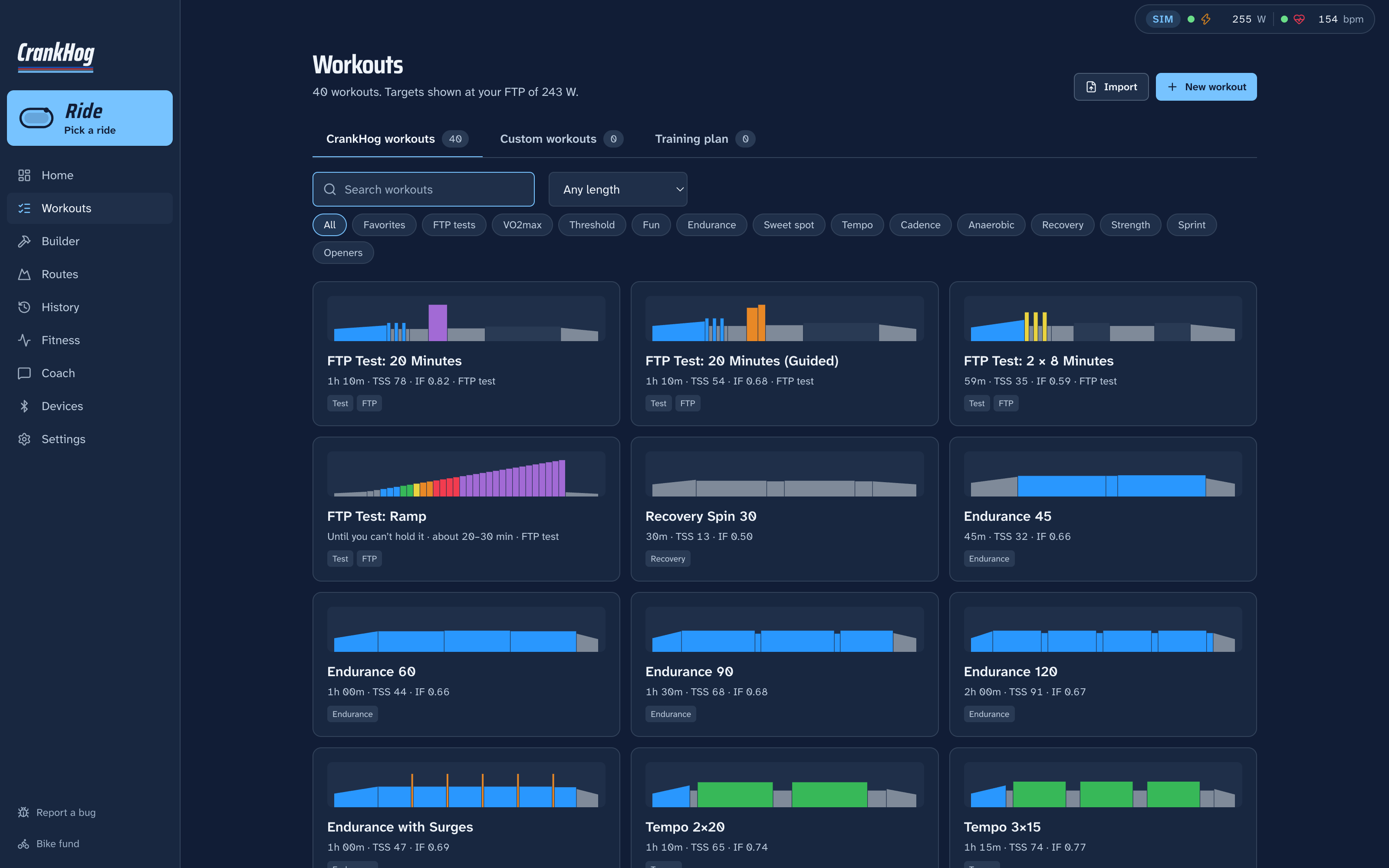 The Workouts page: every workout drawn as its power profile, with Custom workouts and Training plan tabs